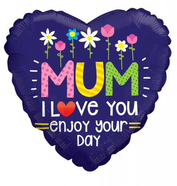 Folieballon ''Mum I Love You enjoy your day'' hart (45 cm)