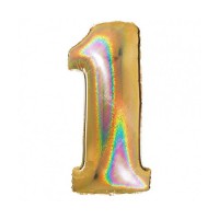 Folieballon cijfer 1 holografisch 101 cm Goud