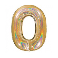 Folieballon cijfer 0 holografisch 101 cm Goud